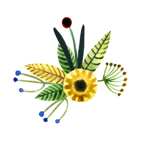 Handgezeichnetes Aquarell Blumenarrangement Isoliert Auf Weißem Hintergrund Blumenstrauß Niedlich Naivem — Stockfoto