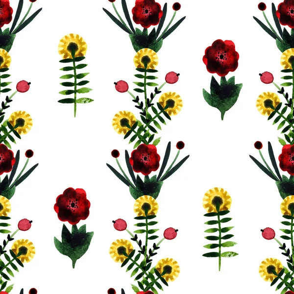テキスタイル バナー はがきなどのためのかわいい素朴な花と手描き水彩シームレスパターン — ストック写真
