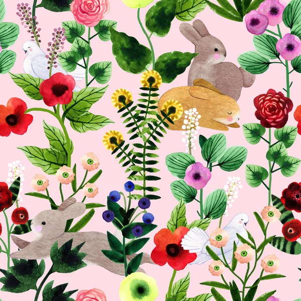 Hand Drawn Watercolor Seamless Pattern Cute Naive Flowers Bunnies Textile — Stock Photo, Image