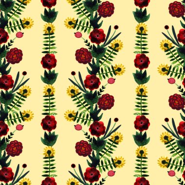 Tekstil, duvar kâğıdı, pankart, kartpostal ve diğer şeyler için sevimli naif çiçeklerle el yapımı suluboya deseni..