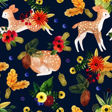 El çizimi suluboya desenli şirin naif çiçekler ve tekstil, duvar kağıdı, afiş, kartpostal ve diğer bebek geyikleri..