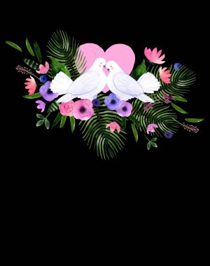 Soyut çayır çiçekleri ve yavru güvercinlerle suluboya sevgililer günü kartı. Tasarımınız, kartpostalınız, afişiniz için el çizimi illüstrasyonunu yazdırmaya hazır.