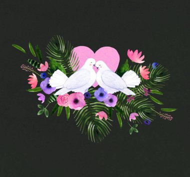 Soyut çayır çiçekleri ve yavru güvercinlerle suluboya sevgililer günü kartı. Tasarımınız, kartpostalınız, afişiniz için el çizimi illüstrasyonunu yazdırmaya hazır.