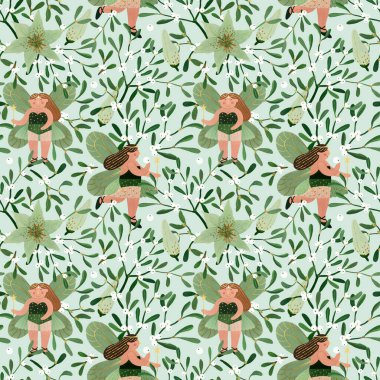 Ökseotu ve tekstil, duvar kâğıdı, pankart, kartpostal ve diğer şeyler için sevimli, saf periler ile el yapımı gouache Noel deseni..