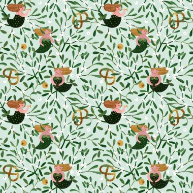 Ökseotu ve tekstil, duvar kâğıdı, pankart, kartpostal ve diğer şeyler için saf denizkızları olan el yapımı gouache Noel deseni..