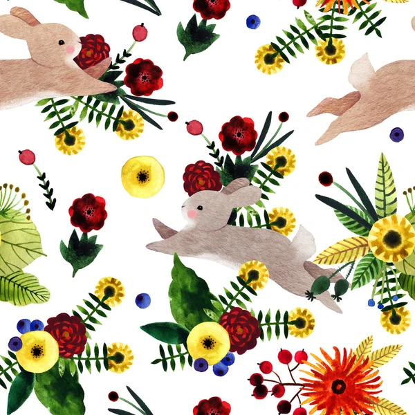 Hand Drawn Watercolor Seamless Pattern Cute Naive Flowers Bunnies Textile — Stock Photo, Image