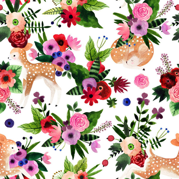 Hand drawn watercolor seamless pattern with cute naive flowers and baby deers for textile, wallpaper, banner, postcard and other.