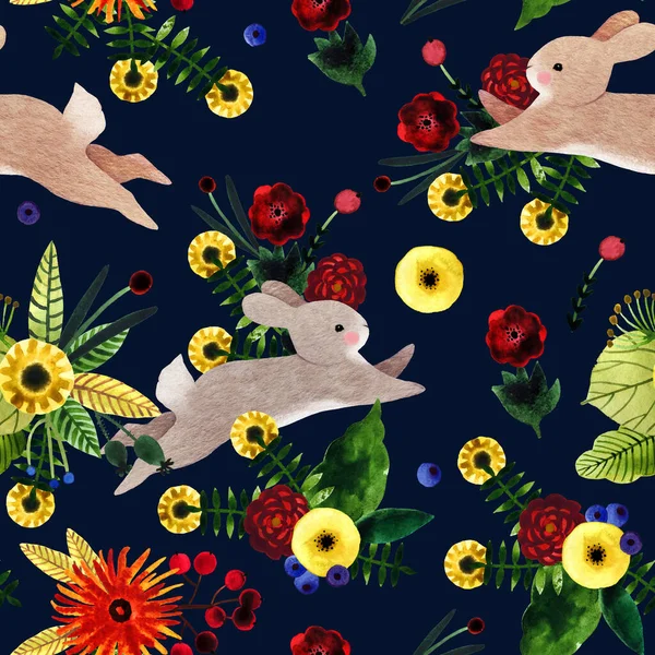 Handgetekende Aquarel Naadloos Patroon Met Schattige Naïeve Bloemen Konijntjes Voor — Stockfoto