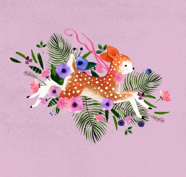 Soyut Çayır Çiçekleri Bebek Geyikleriyle Suluboya Sevgililer Günü Kartı Tasarımınız — Stok fotoğraf