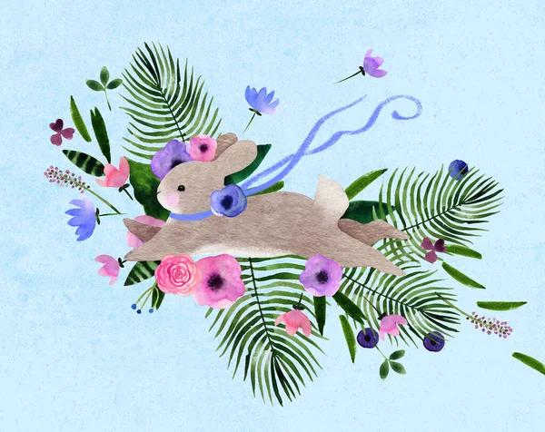 Aquarell Valentinspostkarte Mit Abstrakten Naiven Wiesenblumen Und Babyhasen Fertige Handgezeichnete — Stockfoto