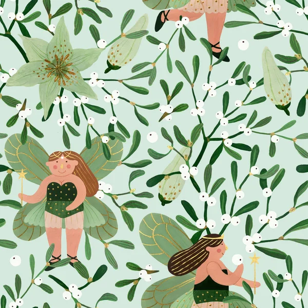 Hand Drawn Gouache Christmas Seamless Pattern Mistletoe Cute Naive Fairies — Stock Photo, Image