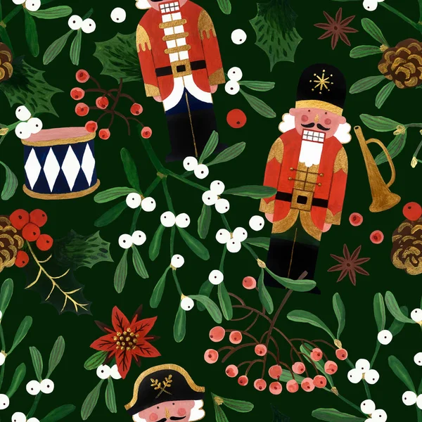 Gouache Dibujado Mano Patrón Sin Costuras Navidad Con Muérdago Nutcrackers —  Fotos de Stock