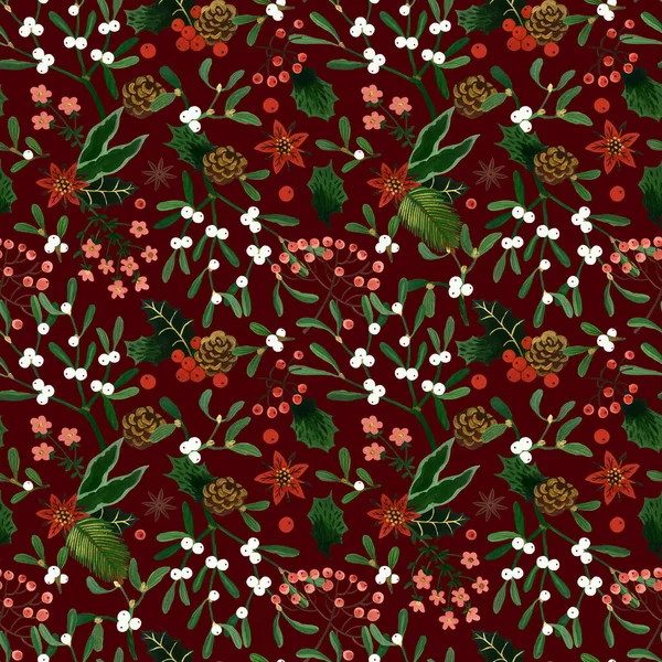 Gouache Dibujado Mano Patrón Sin Costuras Navidad Con Flores Objetos —  Fotos de Stock
