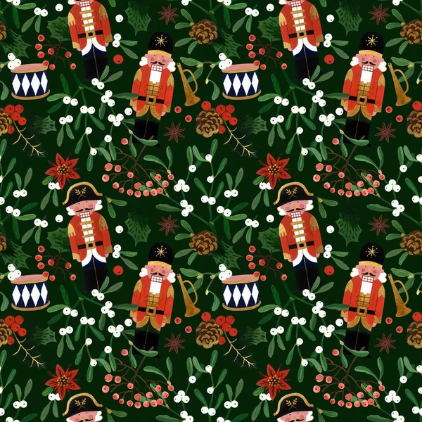 Hand drawn gouache Christmas seamless pattern with mistletoe and cute naive nutcrackers for textile, wallpaper, banner, postcard and other.