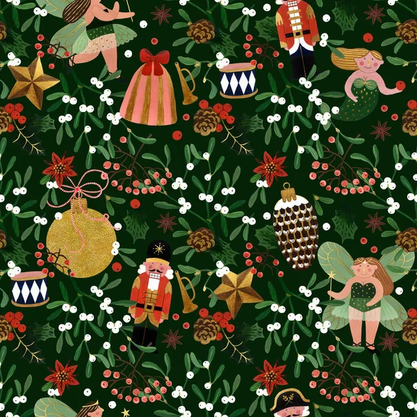 Gouache Dibujado Mano Patrón Sin Costuras Navidad Con Flores Lindos —  Fotos de Stock