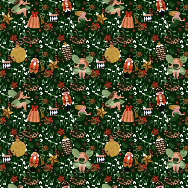 Handgetekende Gouache Kerst Naadloos Patroon Met Bloemen Leuke Naïeve Kerstboom — Stockfoto
