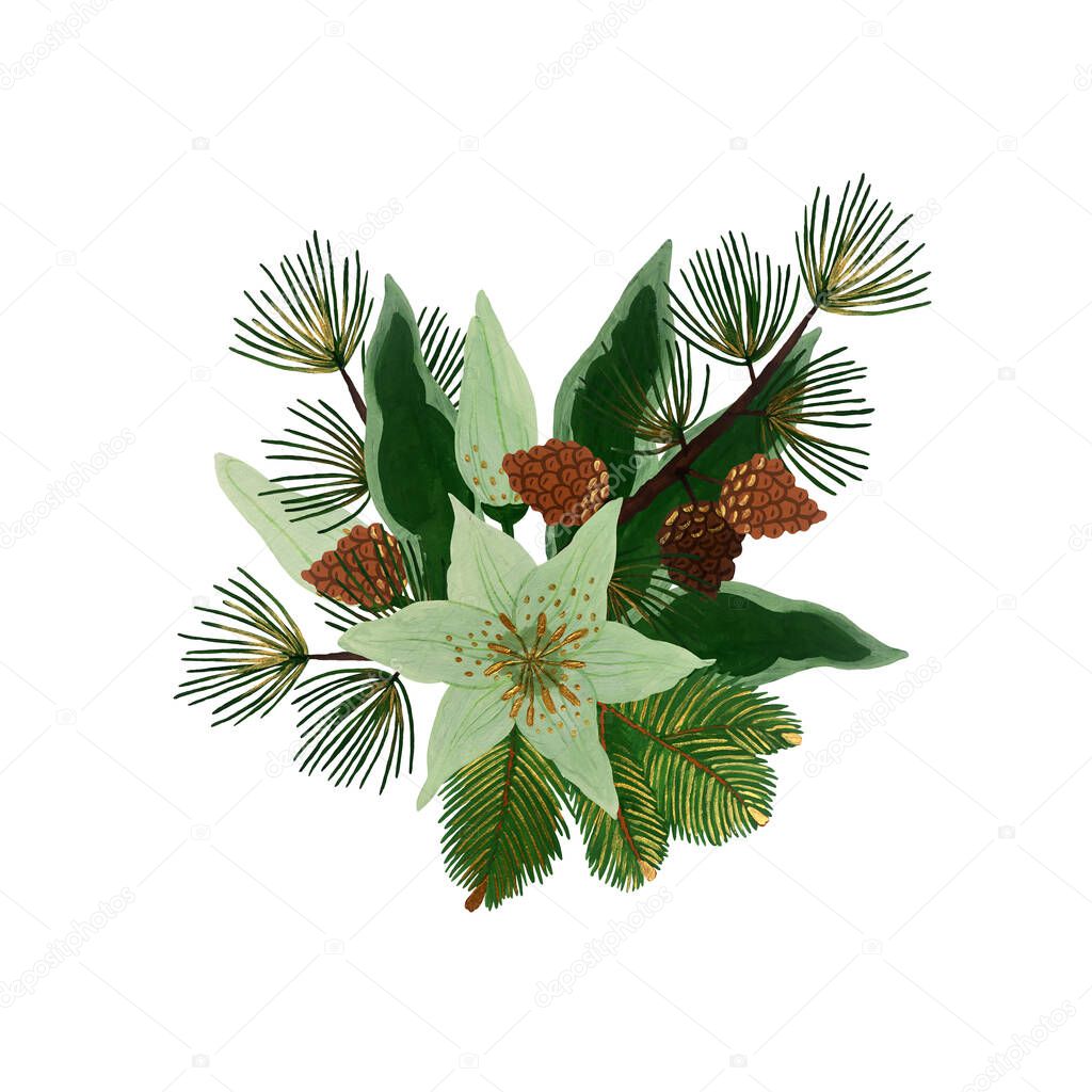 Hand drawn Christmas arrangement isolated on white background. Ready to print bouquet design for postcards, banners, invitations, labels.