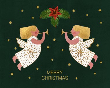 Altın yıldızlı ve melekli Noel kartpostalı. Gouache el tasarımı için sevimli çocuklar çizdi..