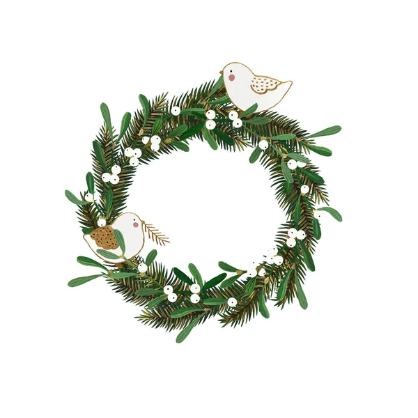 Hand drawn Christmas wreath isolated on white background. Ready to print wreath design for postcards, banners, invitations, labels.