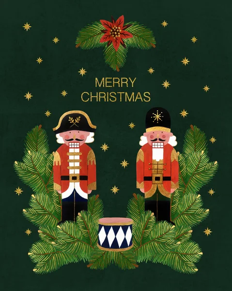 Postal Floral Navidad Con Estrellas Doradas Nutcrackers Gouache Dibujado Mano — Foto de Stock