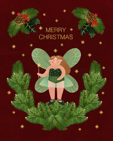Postal Navidad Con Estrellas Doradas Hada Invierno Gouache Dibujado Mano — Foto de Stock