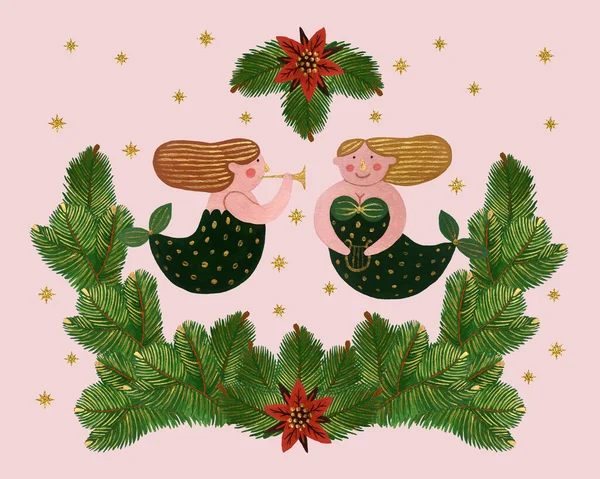 Floral Christmas Postcard Gold Stars Mermaids Gouache Hand Drawn Cute — Stock Photo, Image