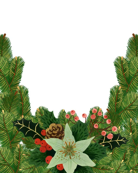 Handgetekende Vintage Kerstachtergrond Met Winterbloemen Arrangement Klaar Printen Voor Ontwerp — Stockfoto