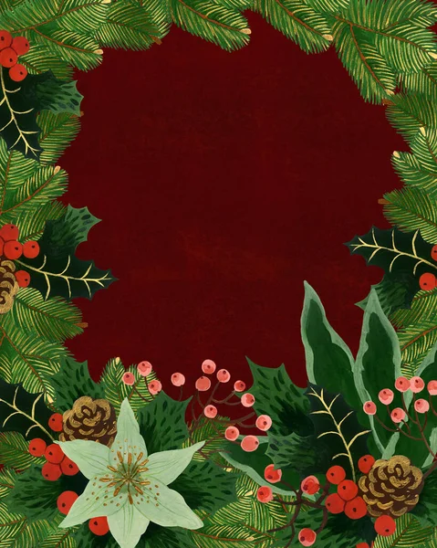 Ręcznie Rysowane Vintage Tle Bożego Narodzenia Zimowych Kwiatów Układ Gotowy — Zdjęcie stockowe