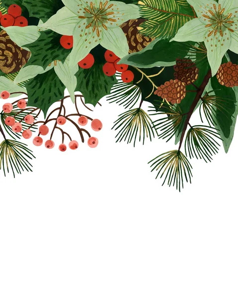 Fondo Navidad Vintage Dibujado Mano Con Arreglo Flores Invierno Listo —  Fotos de Stock