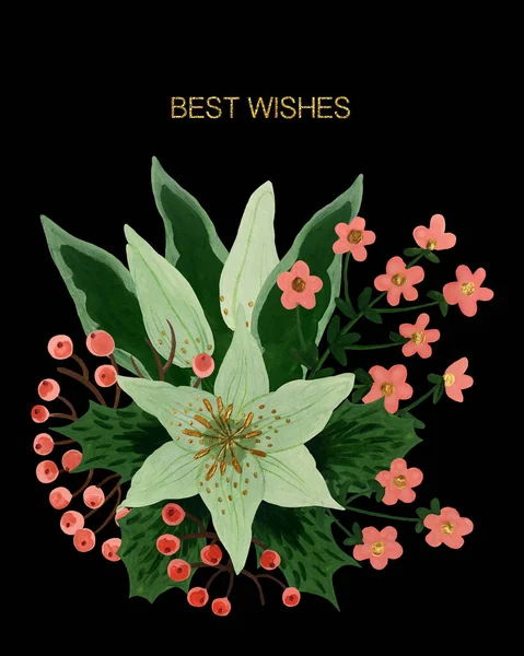 Carte Postale Noël Vintage Dessinée Main Avec Arrangement Fleurs Hiver — Photo