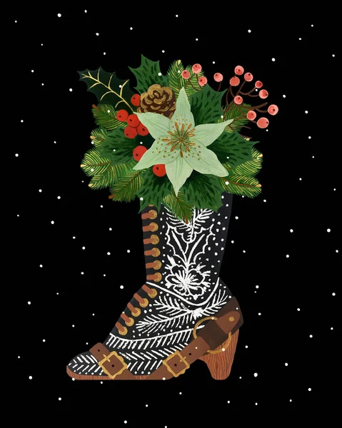 手描きヴィンテージクリスマスポストカード冬の花の配置とあなたのデザインのために印刷する準備ができてかわいい素朴な図 — ストック写真
