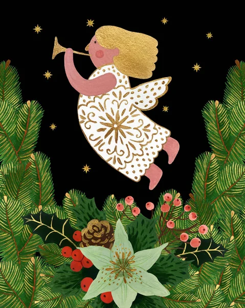 Carta Postal Navidad Vintage Dibujada Mano Con Arreglo Flores Invierno — Foto de Stock