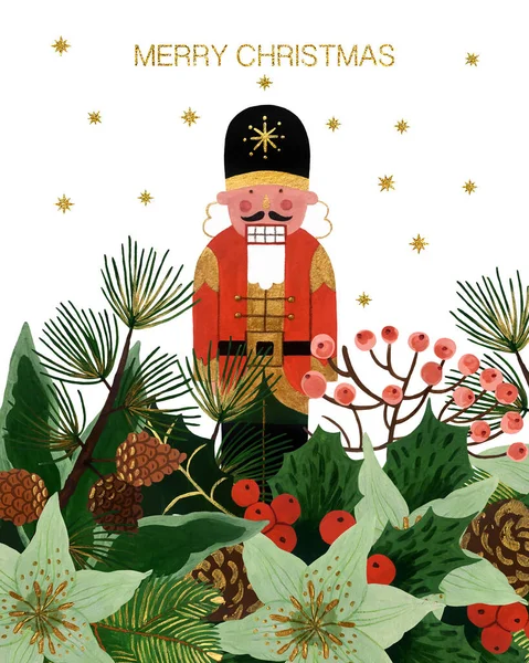 Kış çiçekleri aranjmanı ve tasarım için hazır şirin, saf fındık kıracağı olan el yapımı bir Noel kartı..