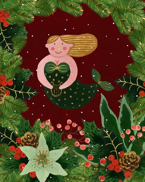 Ručně Kreslené Vintage Vánoční Pohlednice Zimní Květiny Uspořádání Roztomilé Naivní — Stock fotografie