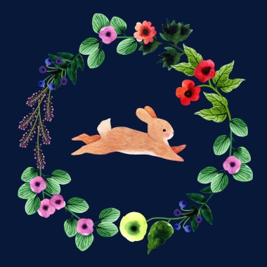 Soyut naif çiçek çelengi ve yavru tavşanlı suluboya sevgililer günü kartı. Tasarımınız, kartpostalınız, afişiniz için el çizimi illüstrasyonunu yazdırmaya hazır.
