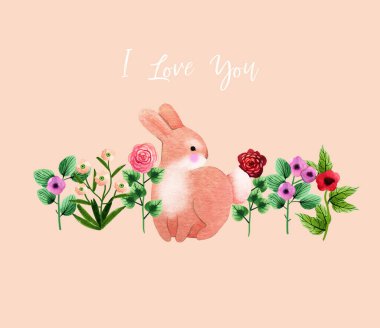 Soyut, saf çayır çiçekleri ve yavru tavşancıklı suluboya kartpostal. Tasarımınız, kartpostalınız, afişiniz için el çizimi illüstrasyonunu yazdırmaya hazır.