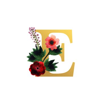 Tasarımınız için beyaz arkaplanda izole edilmiş sevimli naif çiçeklere sahip ilk mektup.