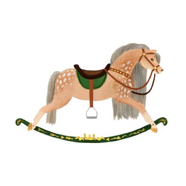 Beyaz arka planda izole edilmiş eski fasion rockçı atın klasik guaj çizimi. Çocuklar için güzel sanatlar. 