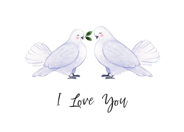 Watercolor Valentine Postcard Abstract Naive Baby Doves Ready Print Hand — Stock Photo, Image