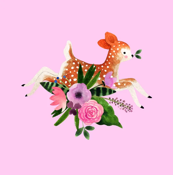 Soyut Çayır Çiçekleri Bebek Geyikleriyle Suluboya Sevgililer Günü Kartı Tasarımınız — Stok fotoğraf