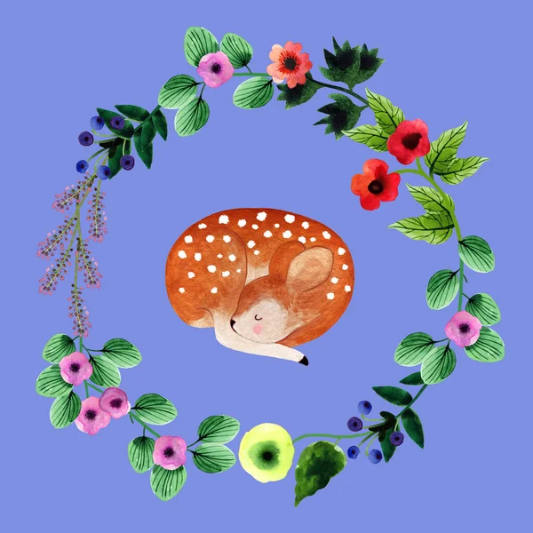 Watercolor Valentine Postcard Abstract Naive Flower Wreath Baby Deer Ready — Stock Photo, Image