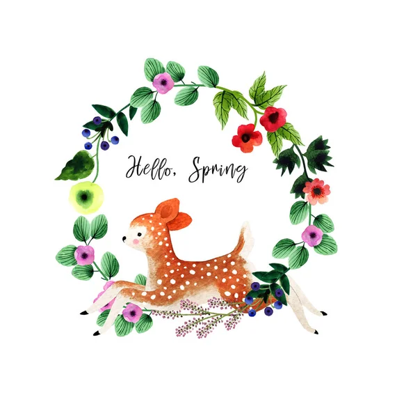 Watercolor Valentine Postcard Abstract Naive Flower Wreath Baby Deer Ready — Stock Photo, Image