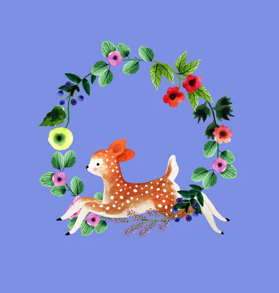 抽象的な素朴な花の花輪と赤ちゃん鹿と水彩バレンタインポストカード あなたのデザイン ポストカード バナーの手描きイラストを印刷する準備ができました — ストック写真