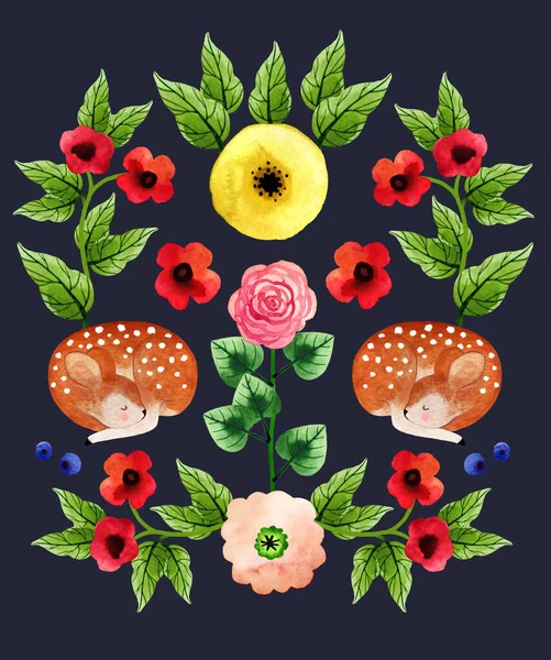 Akvarell Valentine Vykort Med Abstrakta Naiva Äng Blommor Och Rådjur — Stockfoto