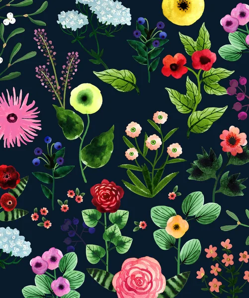 Akvarelové Pozadí Abstraktní Naivní Louka Květiny Izolované Tmavém Pozadí Pro — Stock fotografie