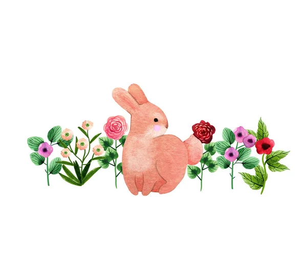 Akvarell Vykort Med Abstrakta Naiva Äng Blommor Och Baby Kanin — Stockfoto