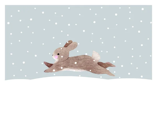 抽象的な素朴な赤ちゃんウサギと雪のフィールドと水彩絵葉書 あなたのデザイン ポストカード バナーの手描きイラストを印刷する準備ができました — ストック写真