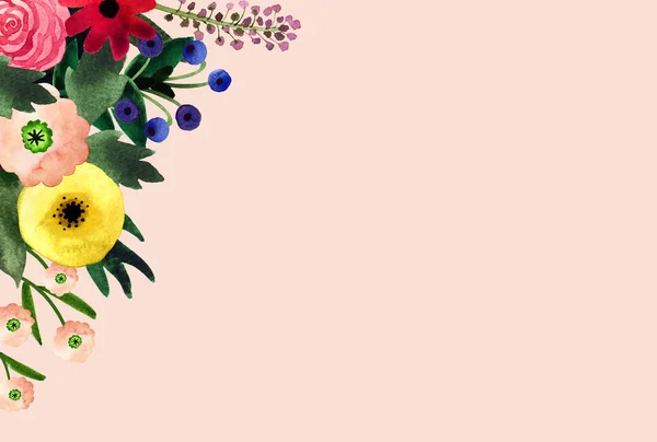 テキスタイル バナー ポストカードなどのためのかわいい素朴な花と手描き水彩の背景 — ストック写真
