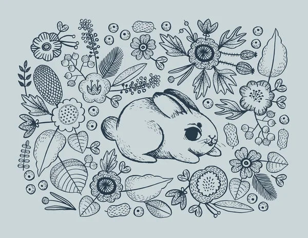 Aquarell Postkarte Mit Abstrakten Naiven Wiesenblumen Und Babyhasen Fertige Handgezeichnete — Stockfoto