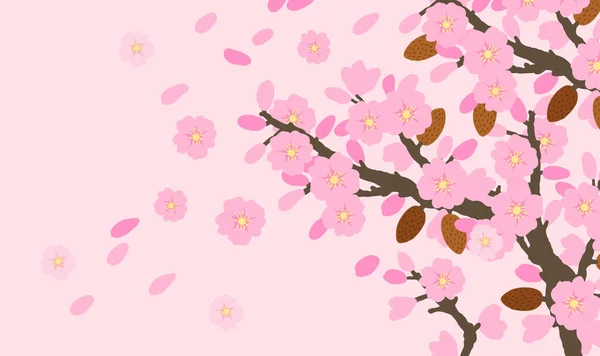 ベクトル ポストカード バナー チラシなどのためのアーモンドの木と花の配置テンプレート — ストックベクタ